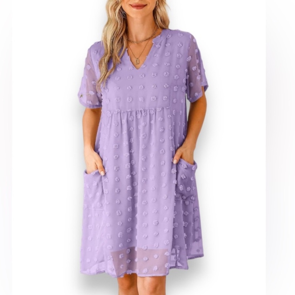 3/$25! NEW! MIHOLL Boutique Short Sleeve V-Neck Swiss Dot Babydoll Mini Dress - Picture 3 of 7